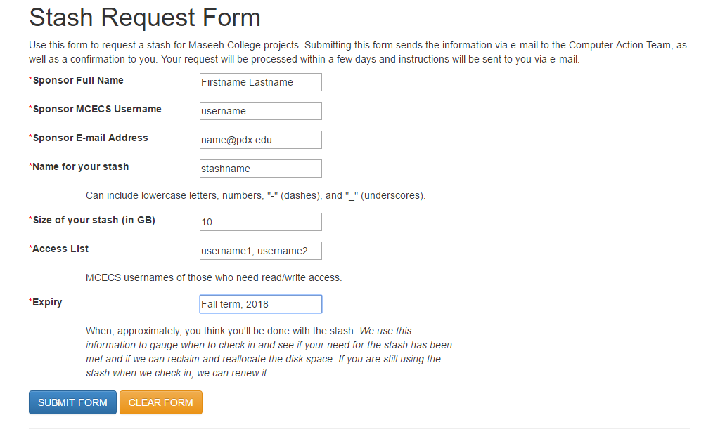 form from stash request page in intranet