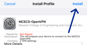 tapping install button on the openvpn app