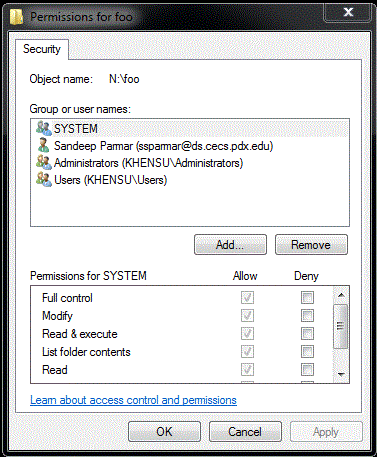 dialogue window to edit security settings