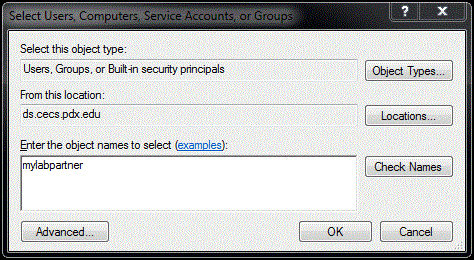 Select users, computers, services accounts, or groups dialogue window