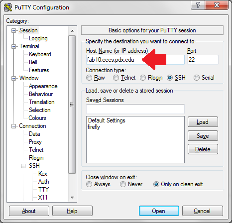 Putty window session tab showing where to enter hostname