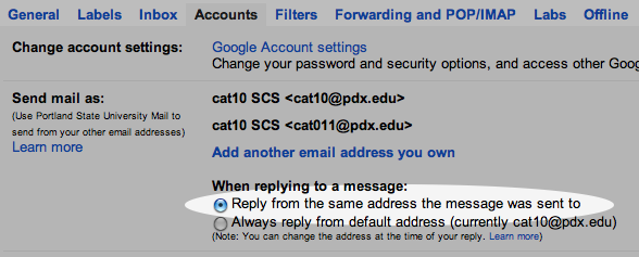 selecting 'Reply from the same address the message was sent to'