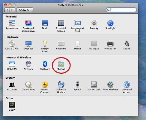 sharing icon highlighted on system preferences