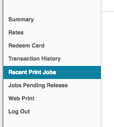 papercut menu with recent print jobs highlighted