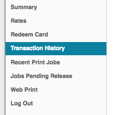 papercut menu with transaction history highlighted