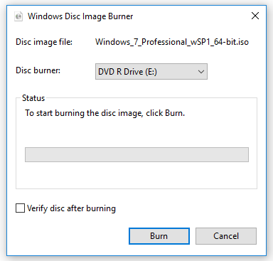 image burning dialog in windows 10
