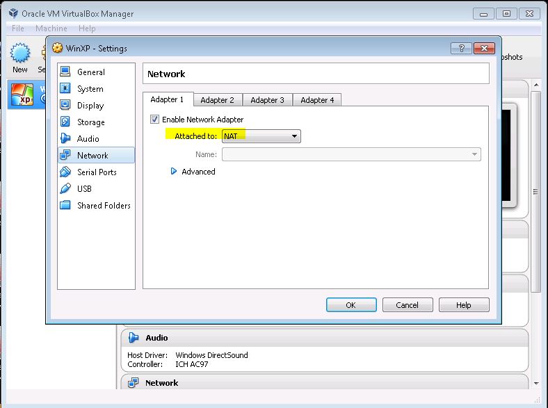 Image showing the Network settings in VirtualBox