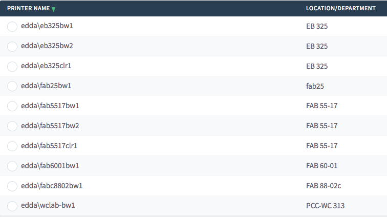 List of printers showed to student webprint users