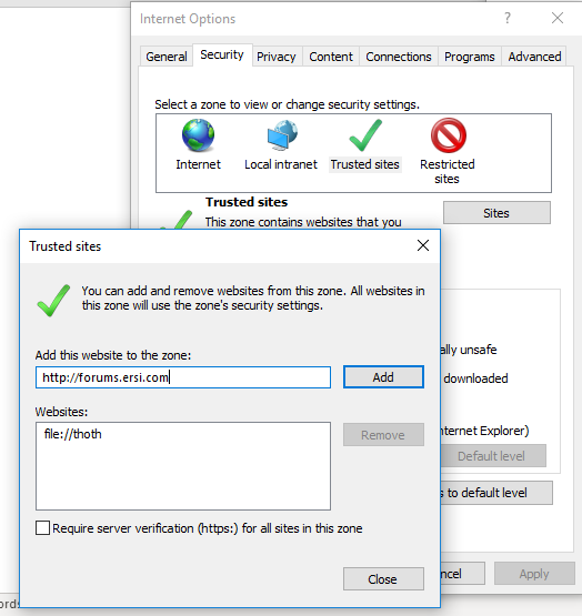Internet options security tab window