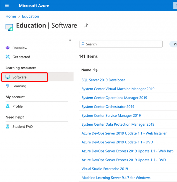 Link in Azure Education portal to find free software