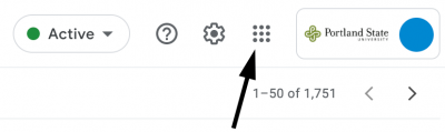 Image of upper right corner of PSU Gmail inbox that has a nine-dot icon used to find all other G-Suite apps