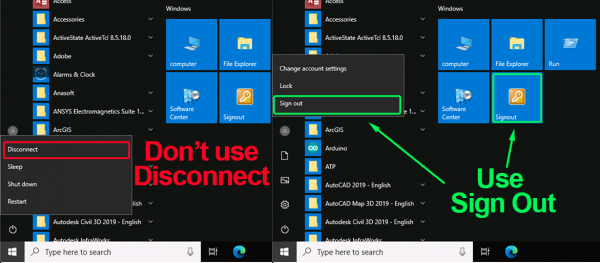 image showing where to find the sign out buttons and where to avoid the disconnect option when ending an RDP session