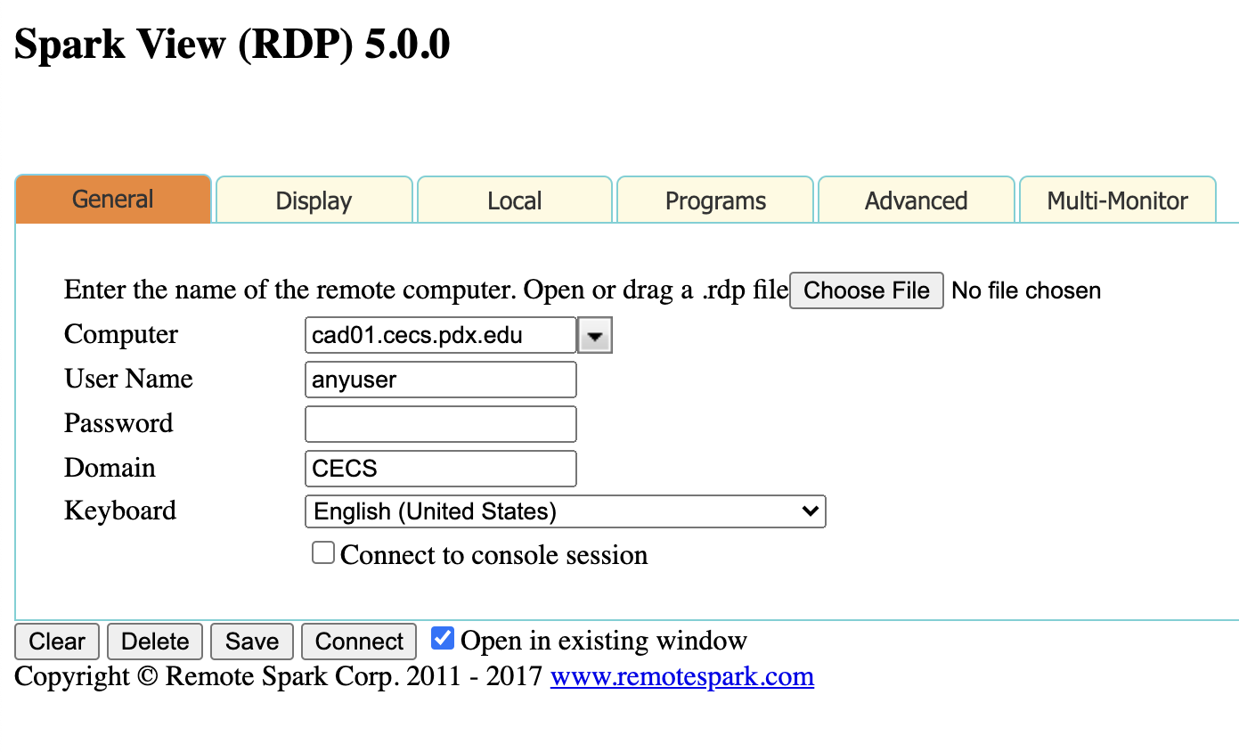 sparkview Image of browser-based RDP login page