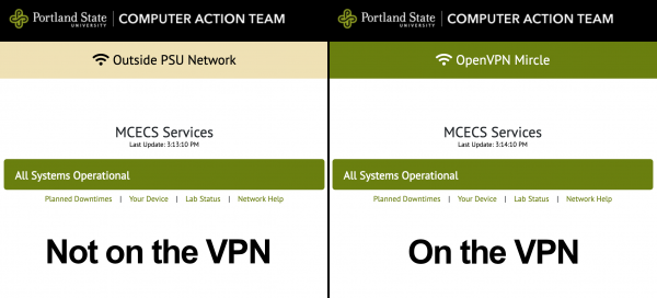 Image comparing status.cecs.pdx.edu banner when on or off the VPN