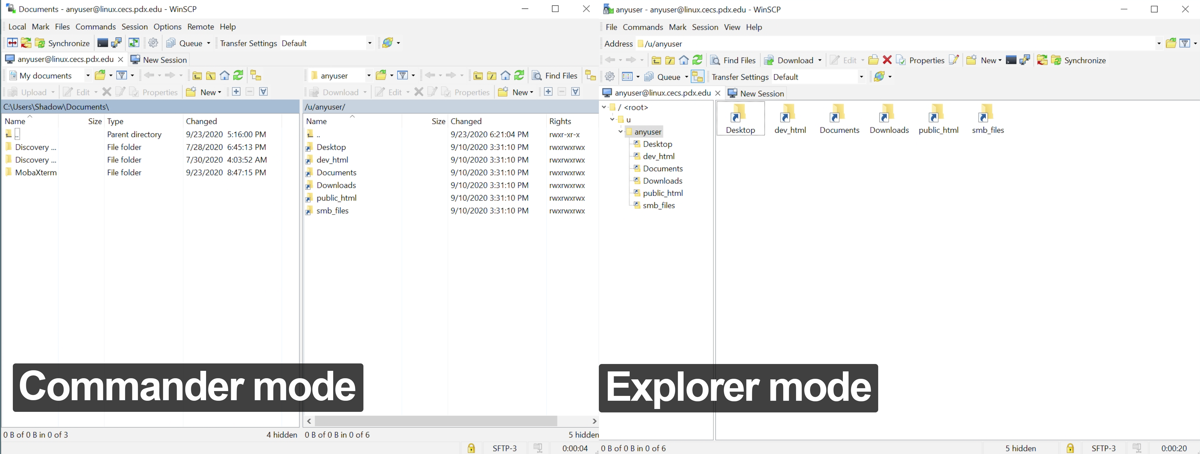 Image of Win SCP's Commander mode and Explorer mode interface side-by-side