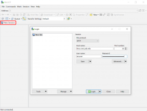image of WinSCP interface, highlighting the New Session button, and settings for creating SFTP connection with Linux servers