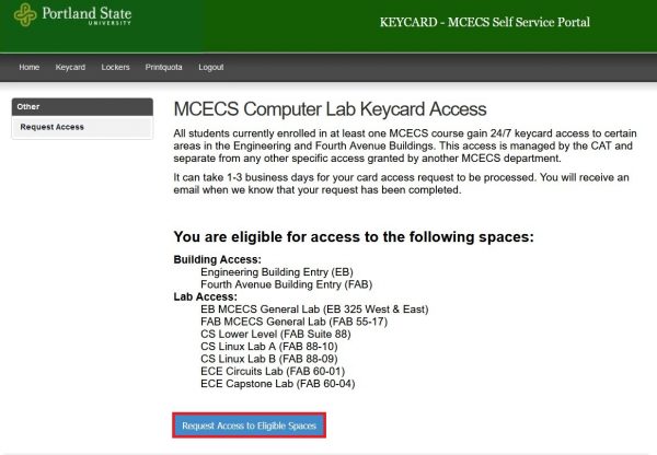 Main screen of the keycard portal showing the request access button