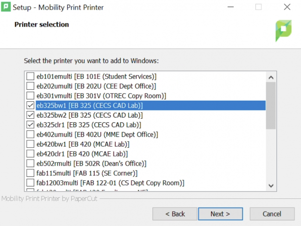 selecting printers to install when using Mobility Print installer