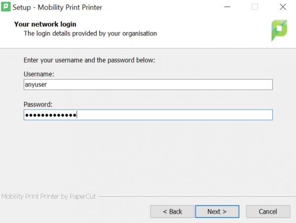 entering MCECS credentials when installing printers with Mobility Print