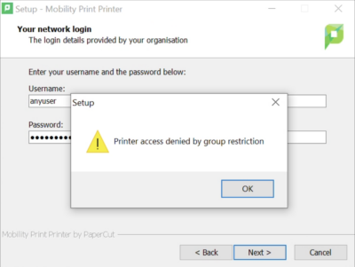 Permission denied error when installing with Mobility Print on Windows