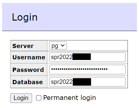 Screenshot showing the Adminer login screen