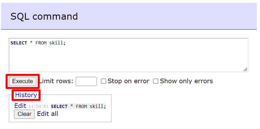 Screenshot showing Adminer SQL command and history dropdown