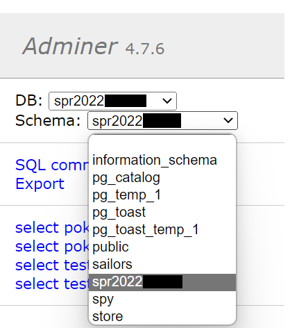 Screenshot showing the Adminer schema dropdown menu