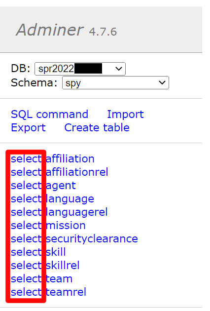 Screenshot showing Adminer table selection menu