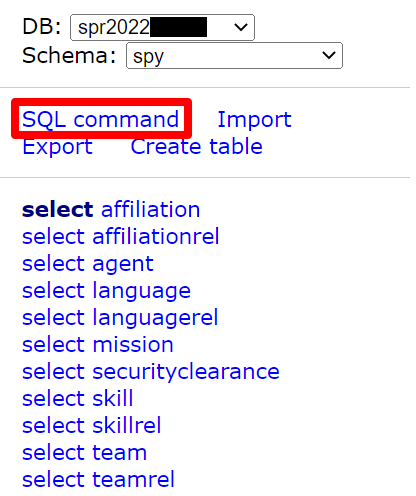 Screenshot of the SQL command button in Adminer