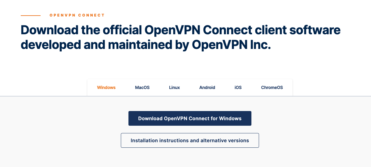 Screenshot of the OpenVPN Connect web page. The download button for Windows computers is highlighted.