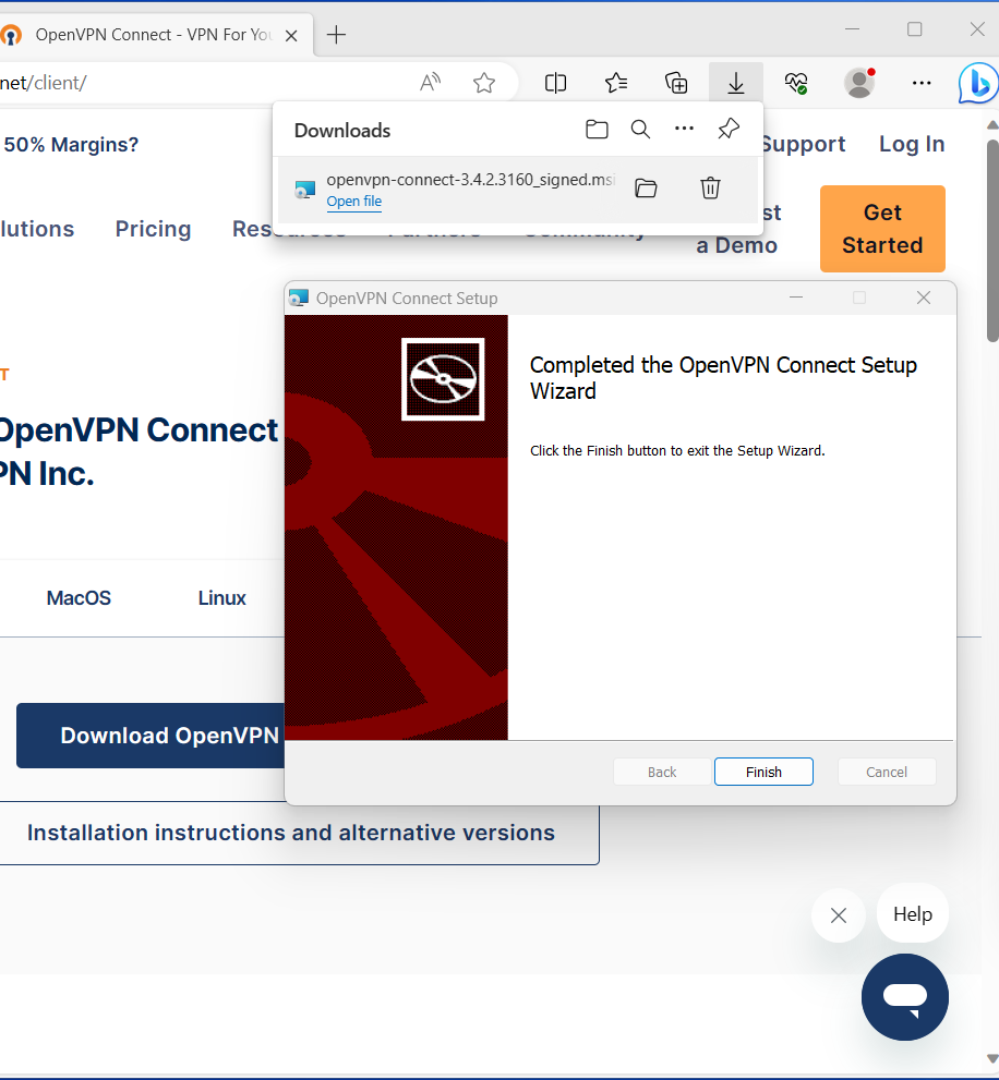 Screenshot of a popup saying that OpenVPN installation is complete.