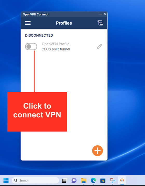 Screenshot of the OpenVPN app. The button to connect to a profile is highlighted.