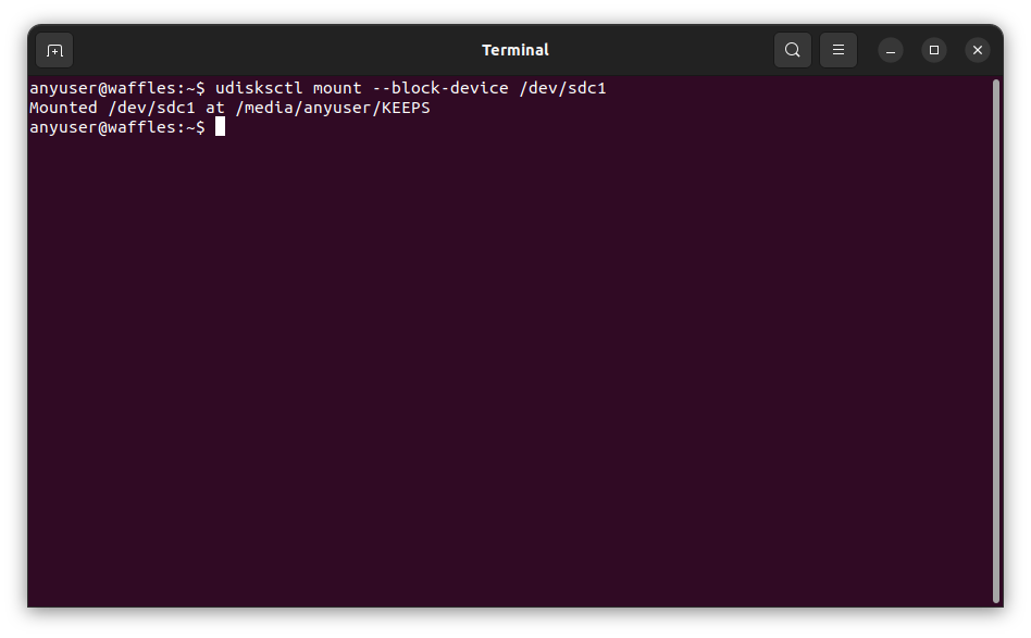 Running the command to mount an external USB drive via the Ubuntu Terminal
