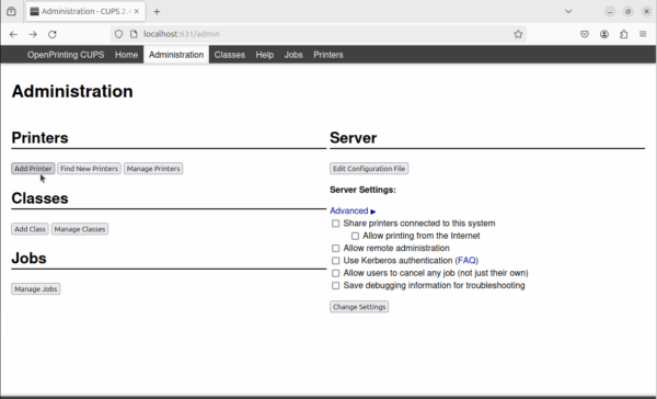 CUPS web ui administration page