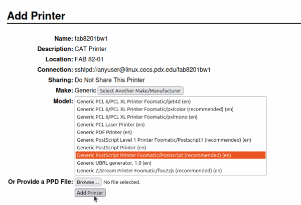 select printer model