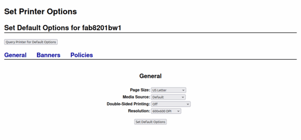 menu to set the printer's default options